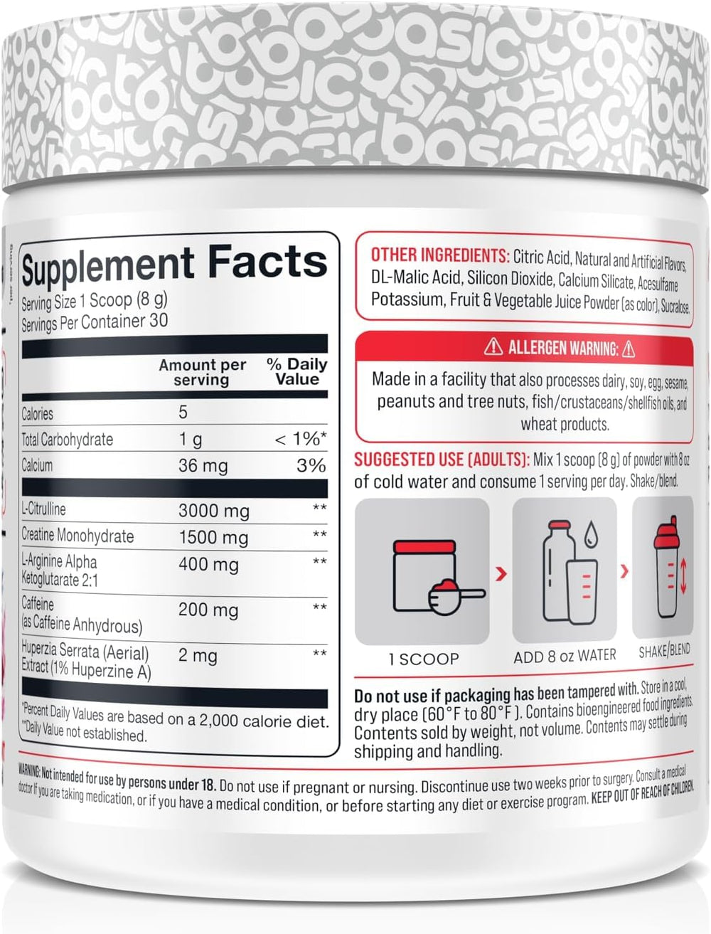 Basic Supplements pre-workout ingredient panel shows 3,000 mg citrulline for endurance and focus