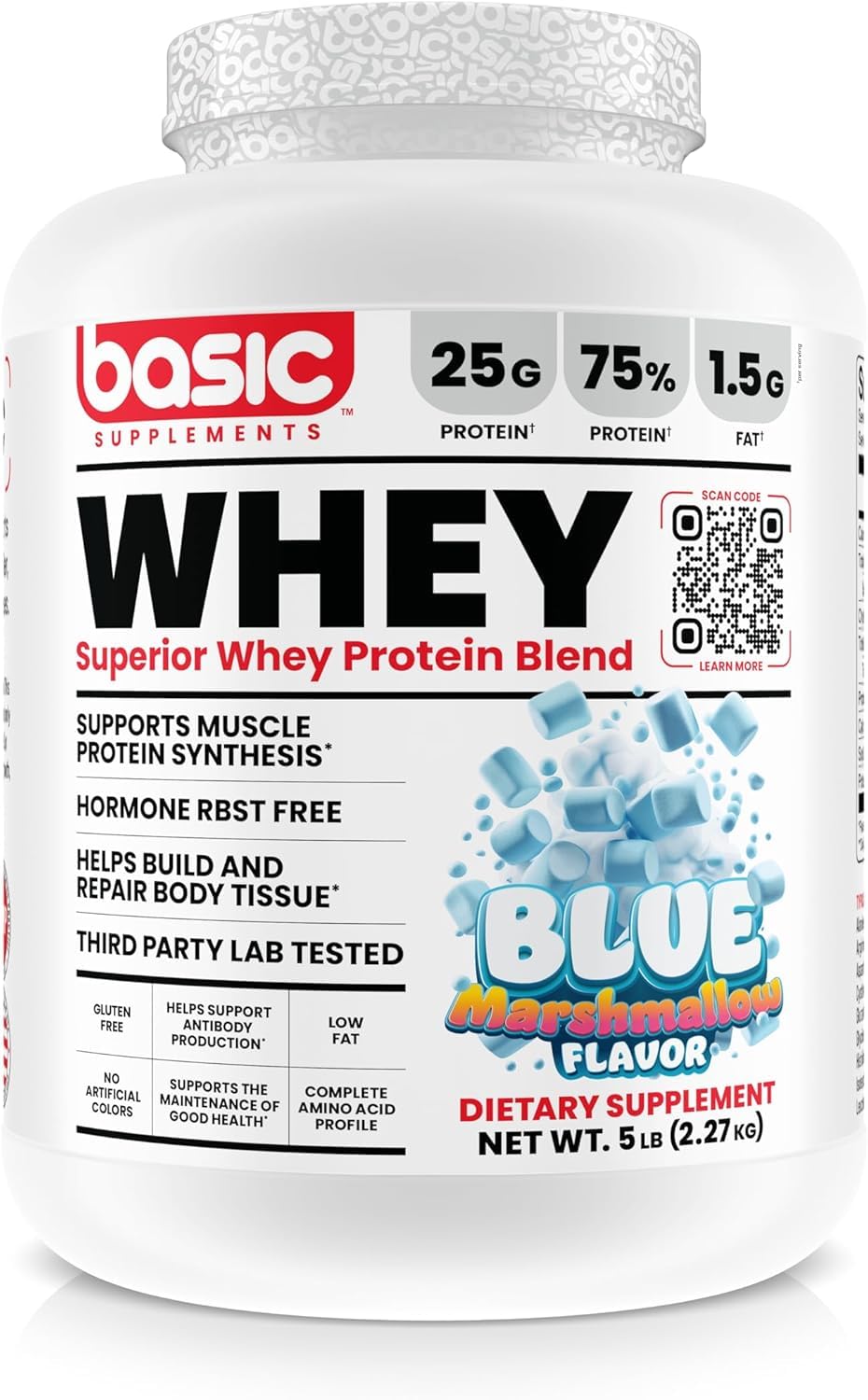 Basic Supplements whey protein tub front highlighting 25g protein per serving for muscle recovery