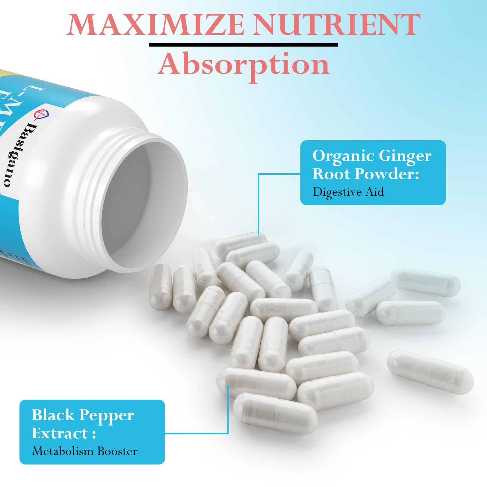 Plant-based vegetarian capsules inside Basigano bottle