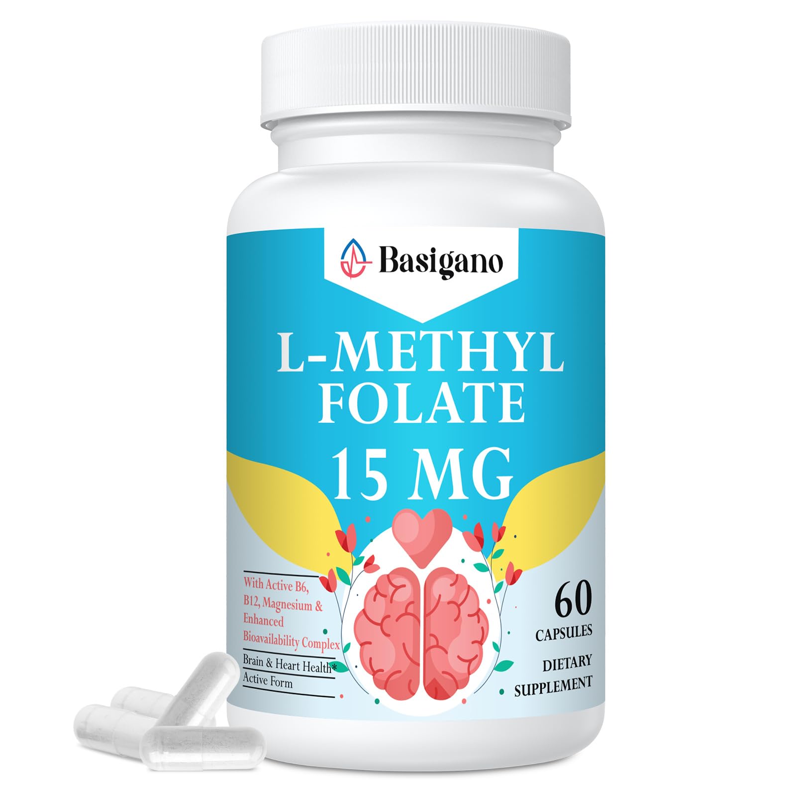 Basigano L-Methylfolate 15mg (5-MTHF) bottle front view