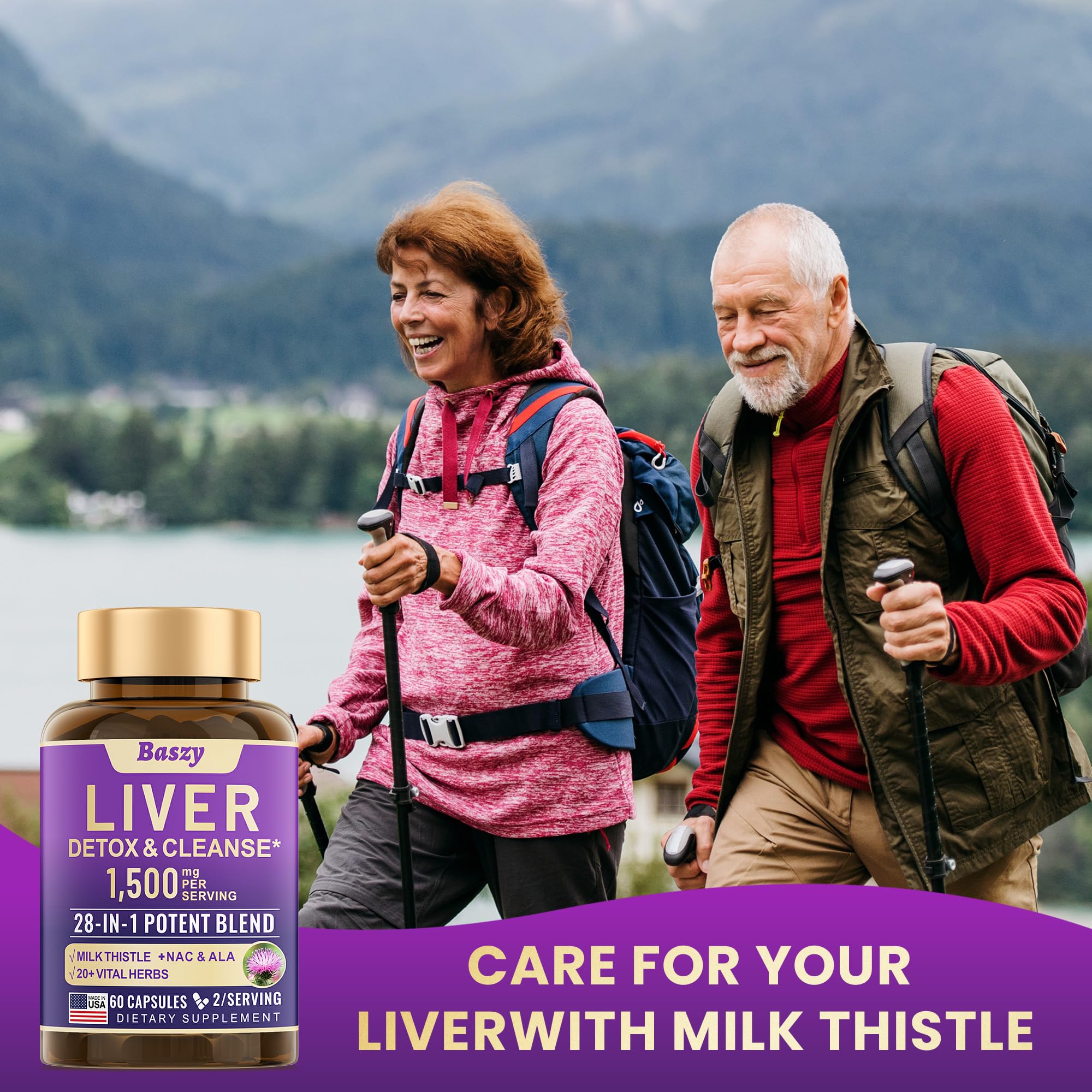 Lifestyle shot of Baszy liver health product with natural greens