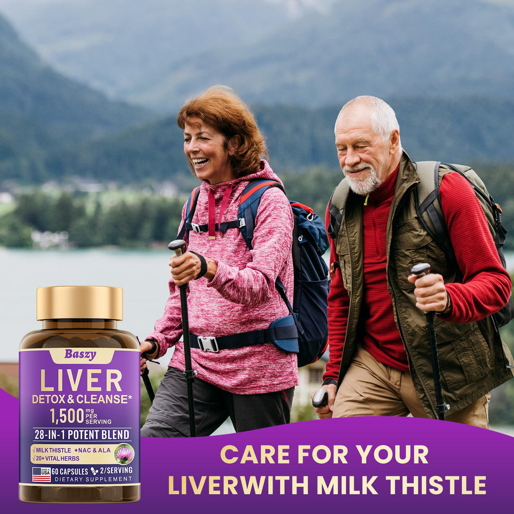 Lifestyle shot of Baszy liver health product with natural greens