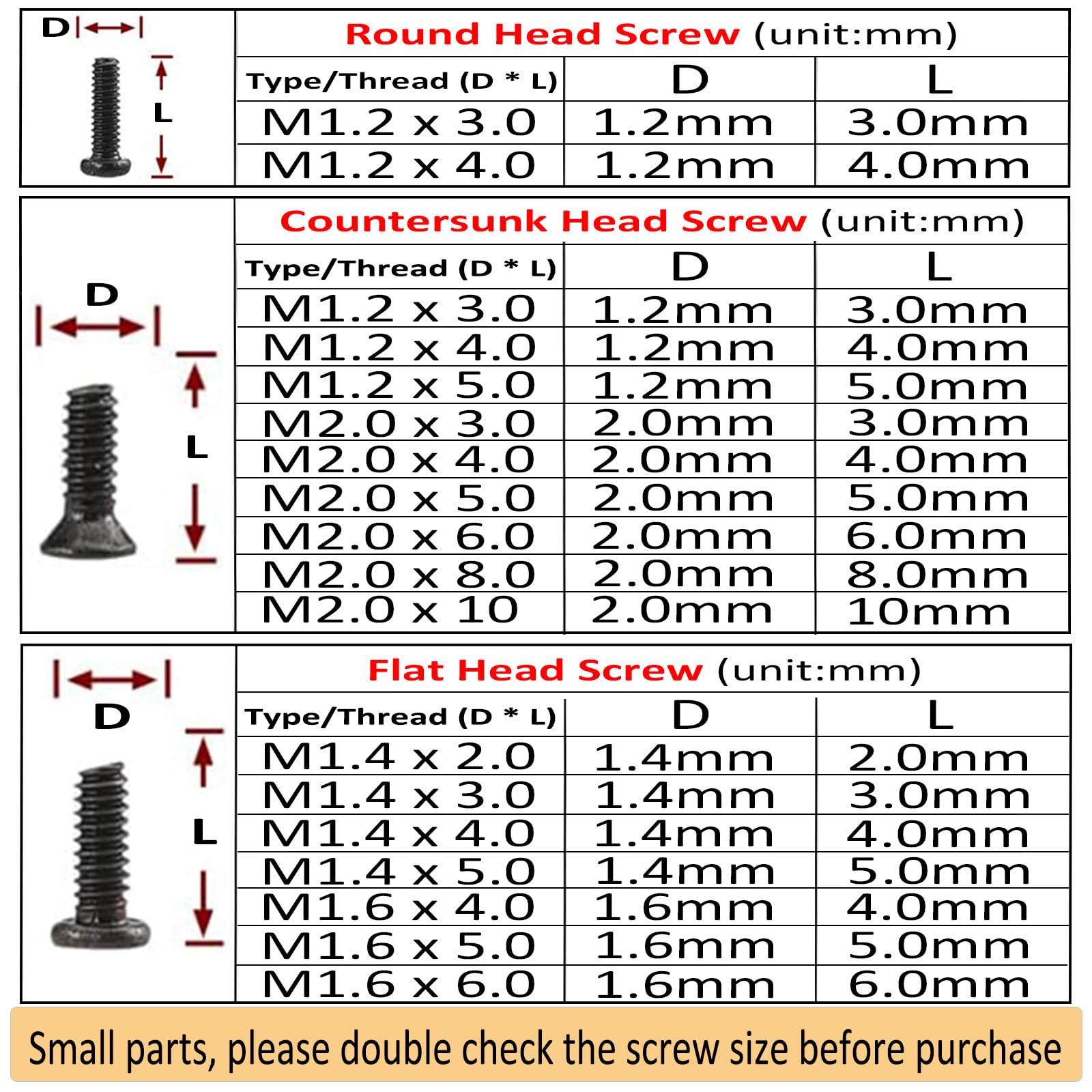 Round head tiny screws for eyeglasses and watches (1.2mm to 2.0mm)