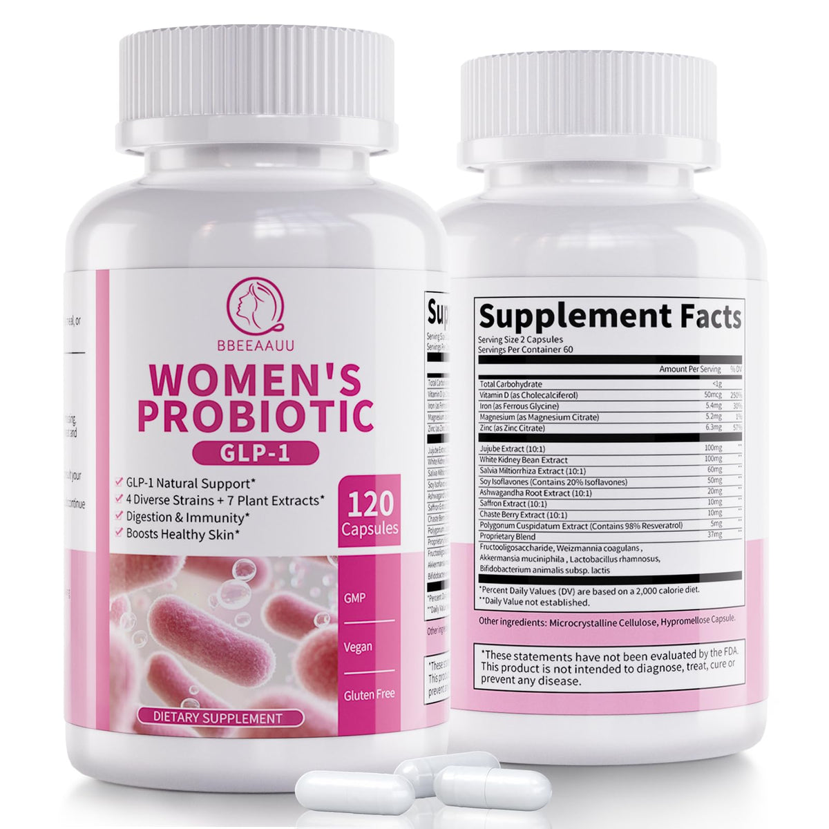 BBEEAAUU Probiotics for Women bottle displaying 467B CFUs label