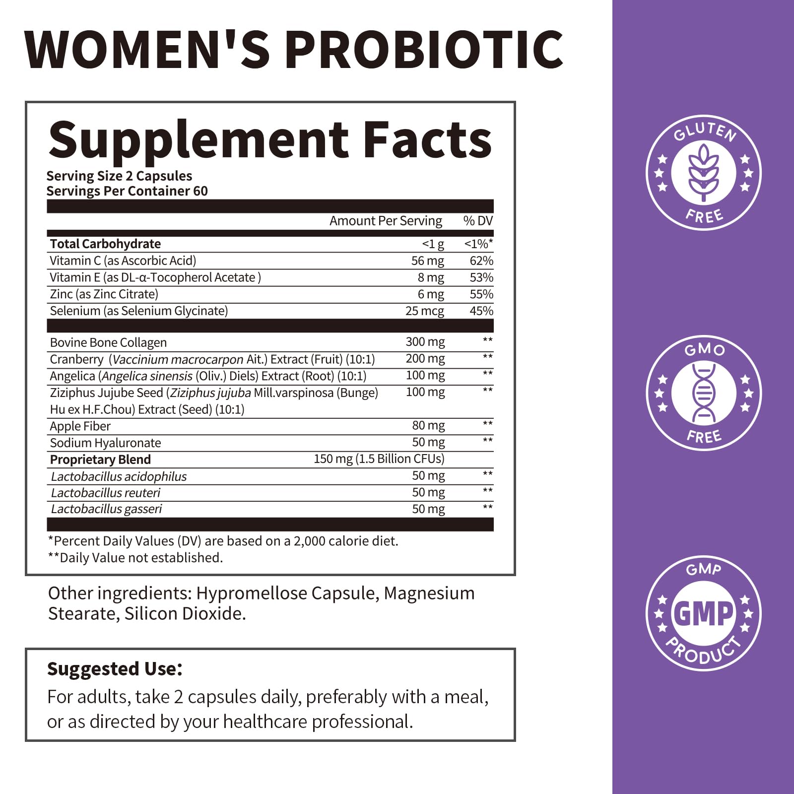 Product label highlighting vaginal pH balance, lactobacillus, and cranberry