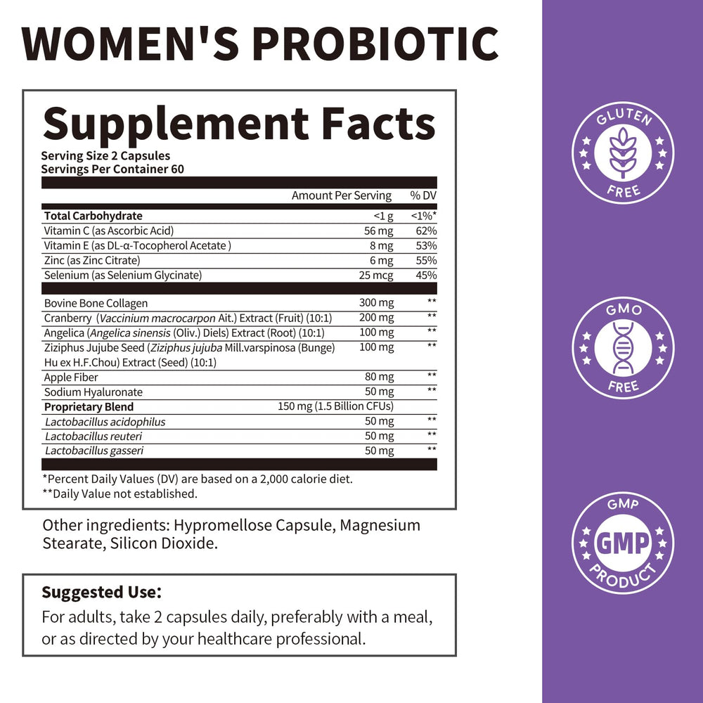 Product label highlighting vaginal pH balance, lactobacillus, and cranberry