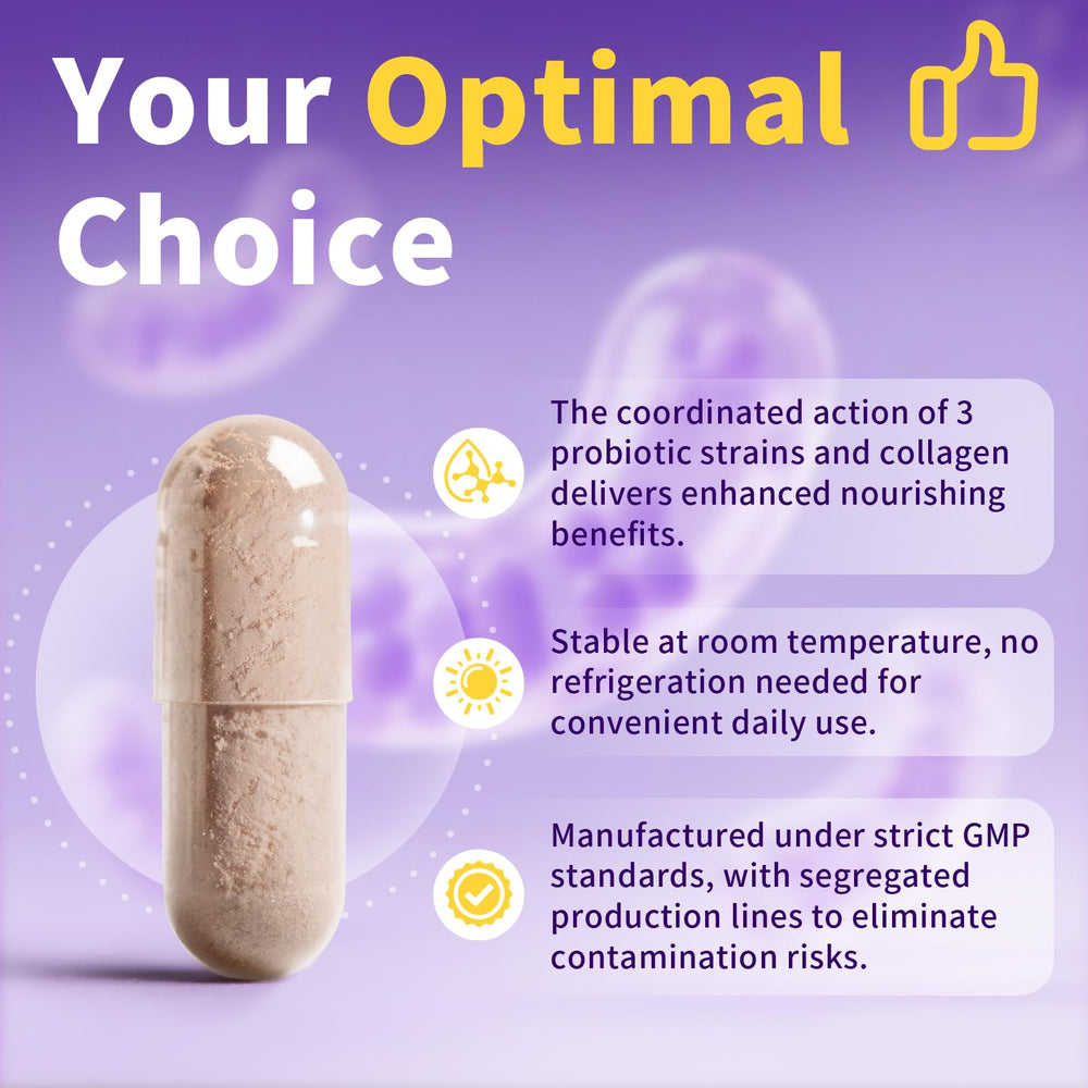 Shelf-stable probiotic bottle showing no refrigeration needed