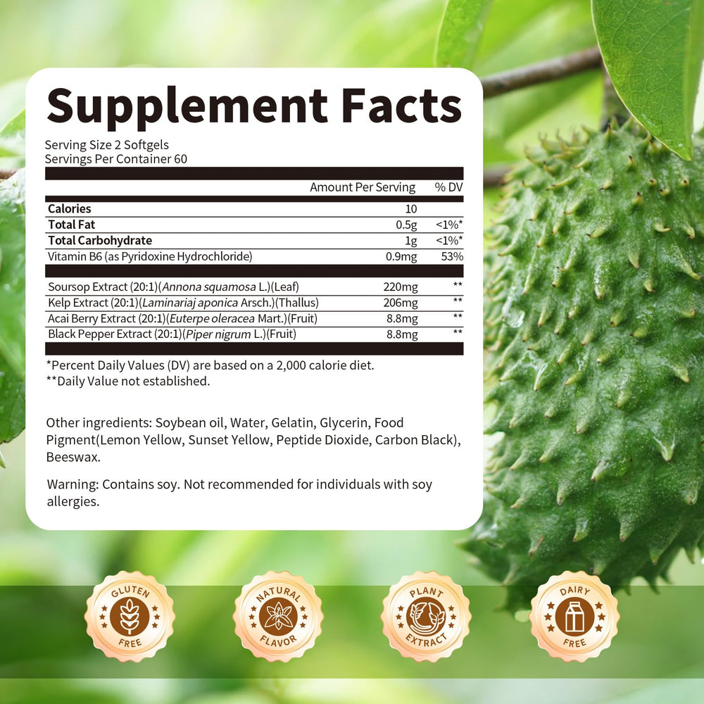 BBEEAAUU soursop capsules bottle on table shows vegan, gluten-free wellness.
