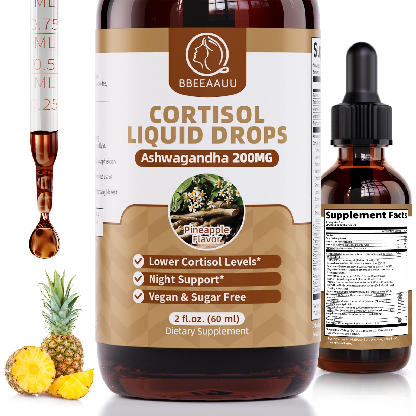 BBEEAAUU cortisol liquid drops bottle in pineapple flavor