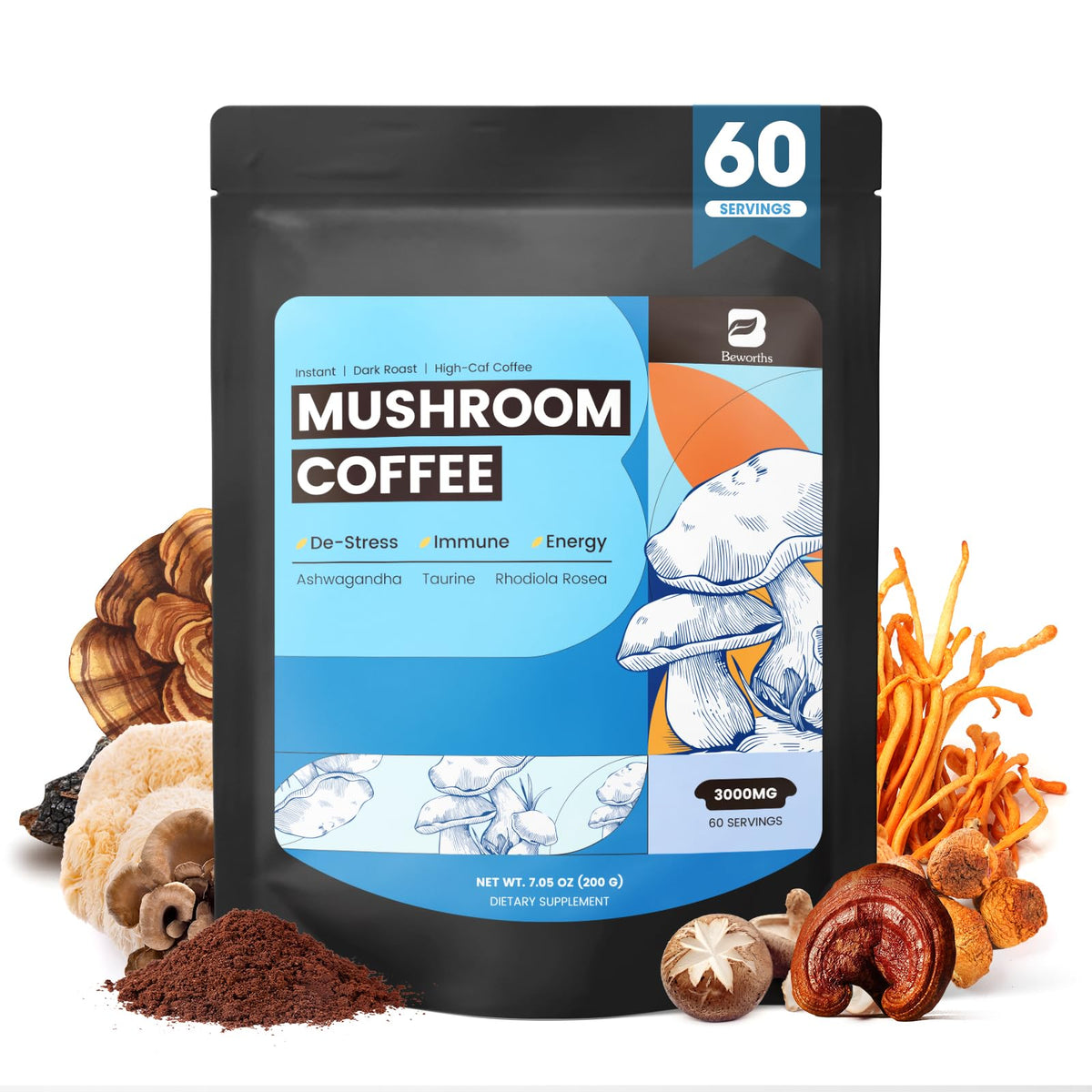 Packaging of B BEWORTHS Mushroom Coffee with 10-in-1 blend