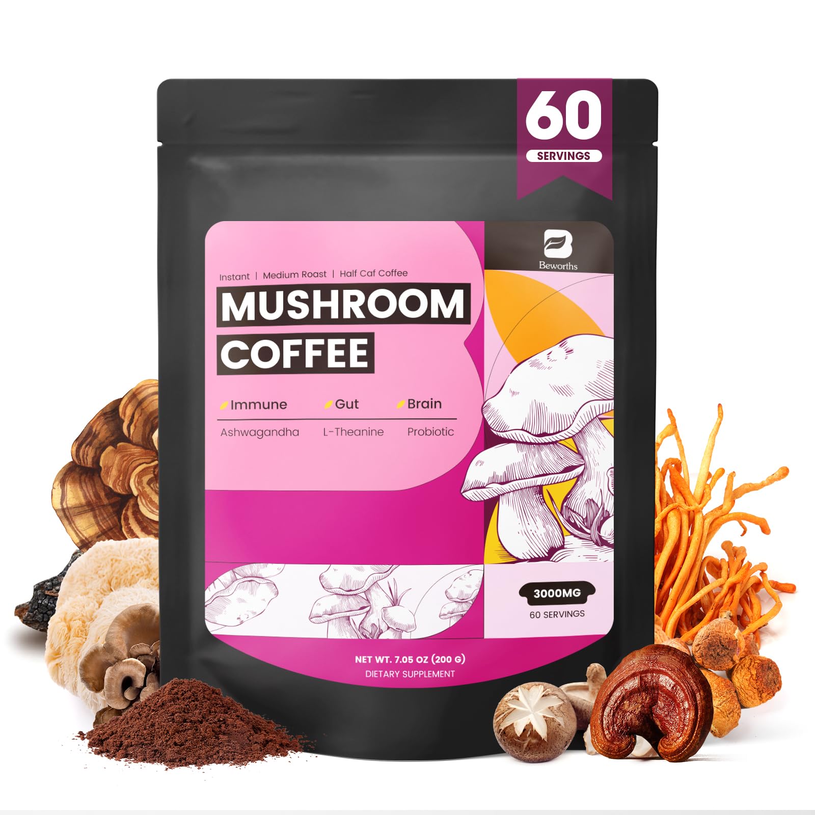 Front packaging of B BEWORTHS Mushroom Coffee