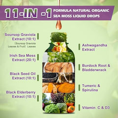 Close-up of sea moss, black seed oil and soursop bitters ingredients