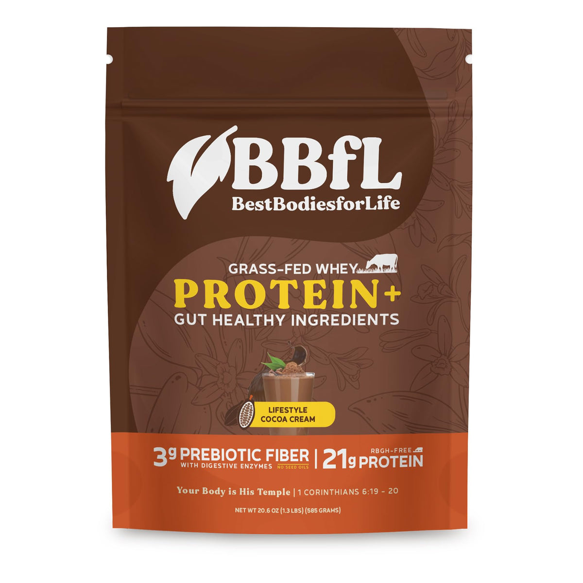 BBfL Grass-Fed Whey Protein Shake cocoa-cream bottle pour highlights post-workout fuel