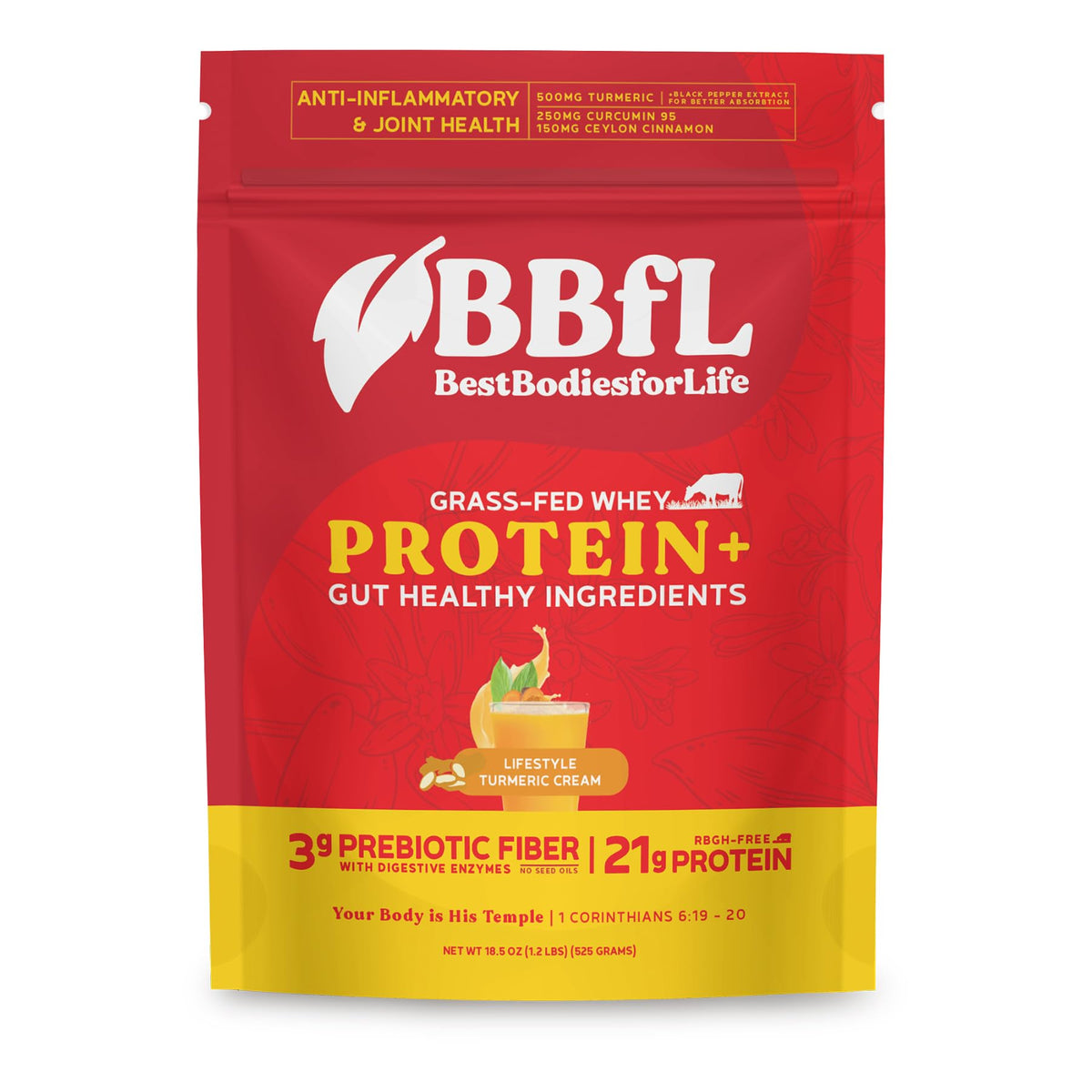 BBfL Grass-Fed Whey Shake bottle highlights clean protein for lean muscle support.