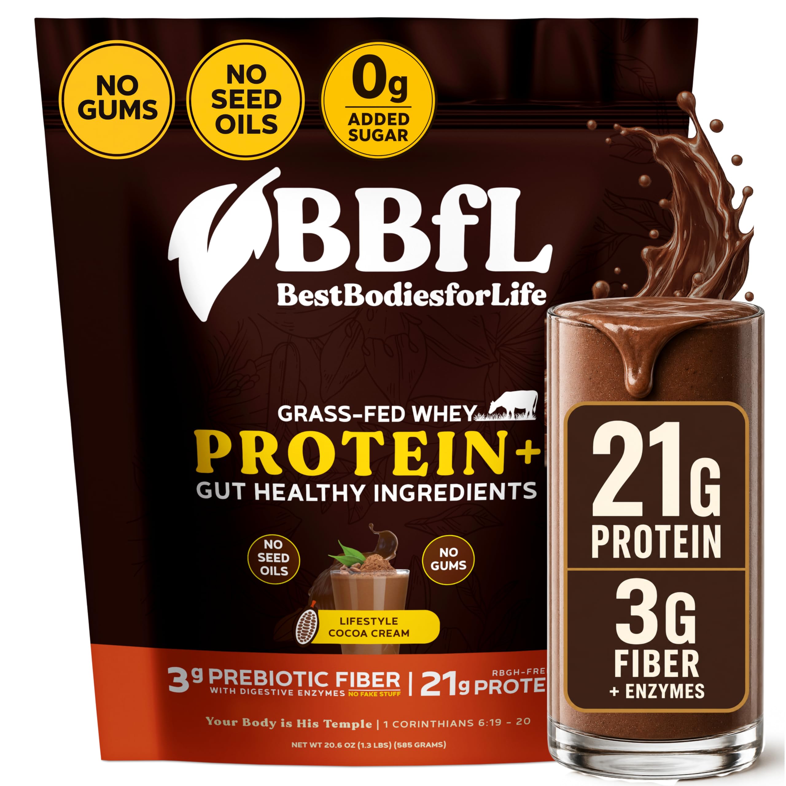 BBfL batido de proteína de cacao crema vertido en vaso para energía diaria