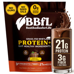 BBfL batido de proteína de cacao crema vertido en vaso para energía diaria