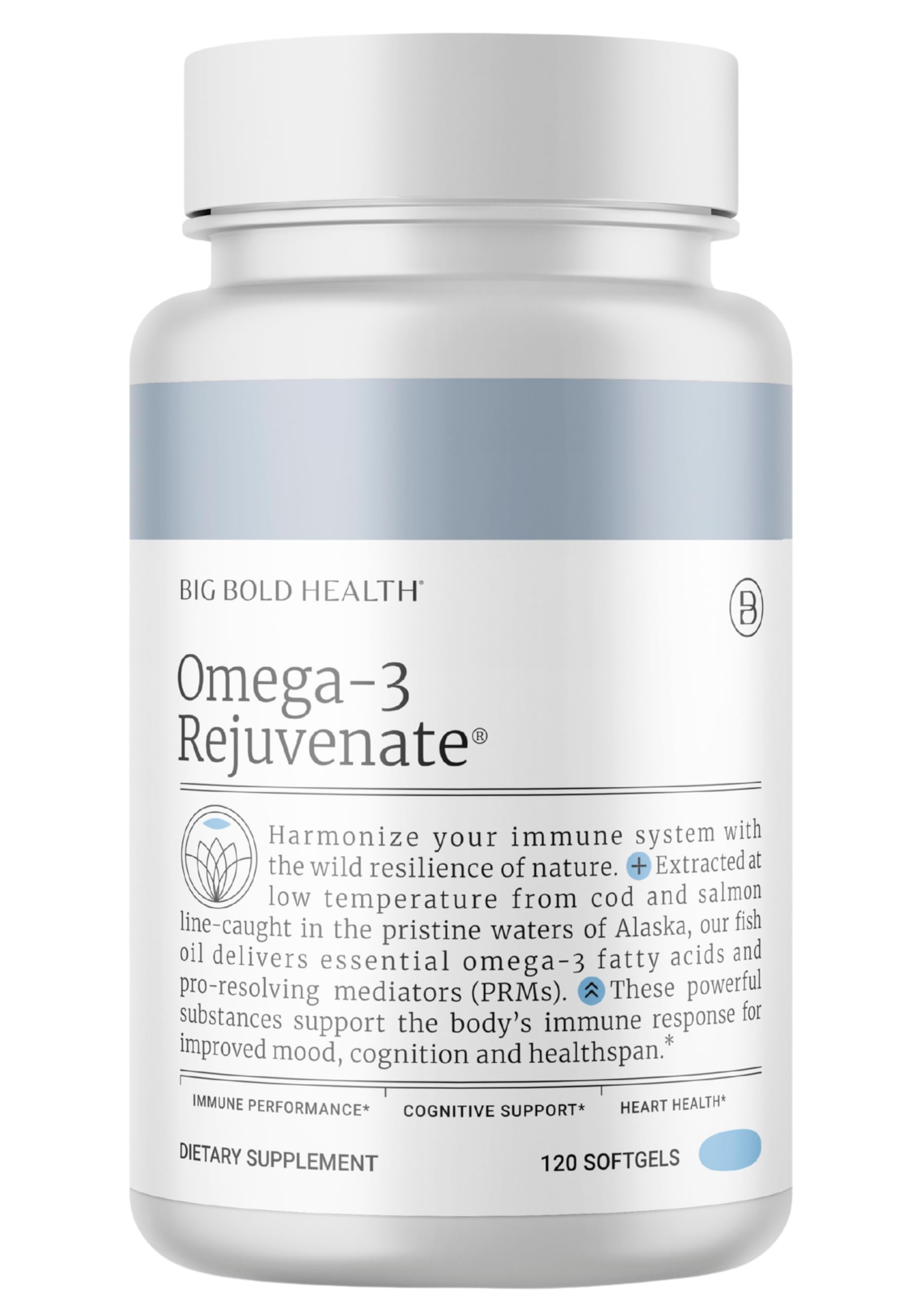 BBH Omega-3 Rejuvenate hero image featuring bottle and softgels