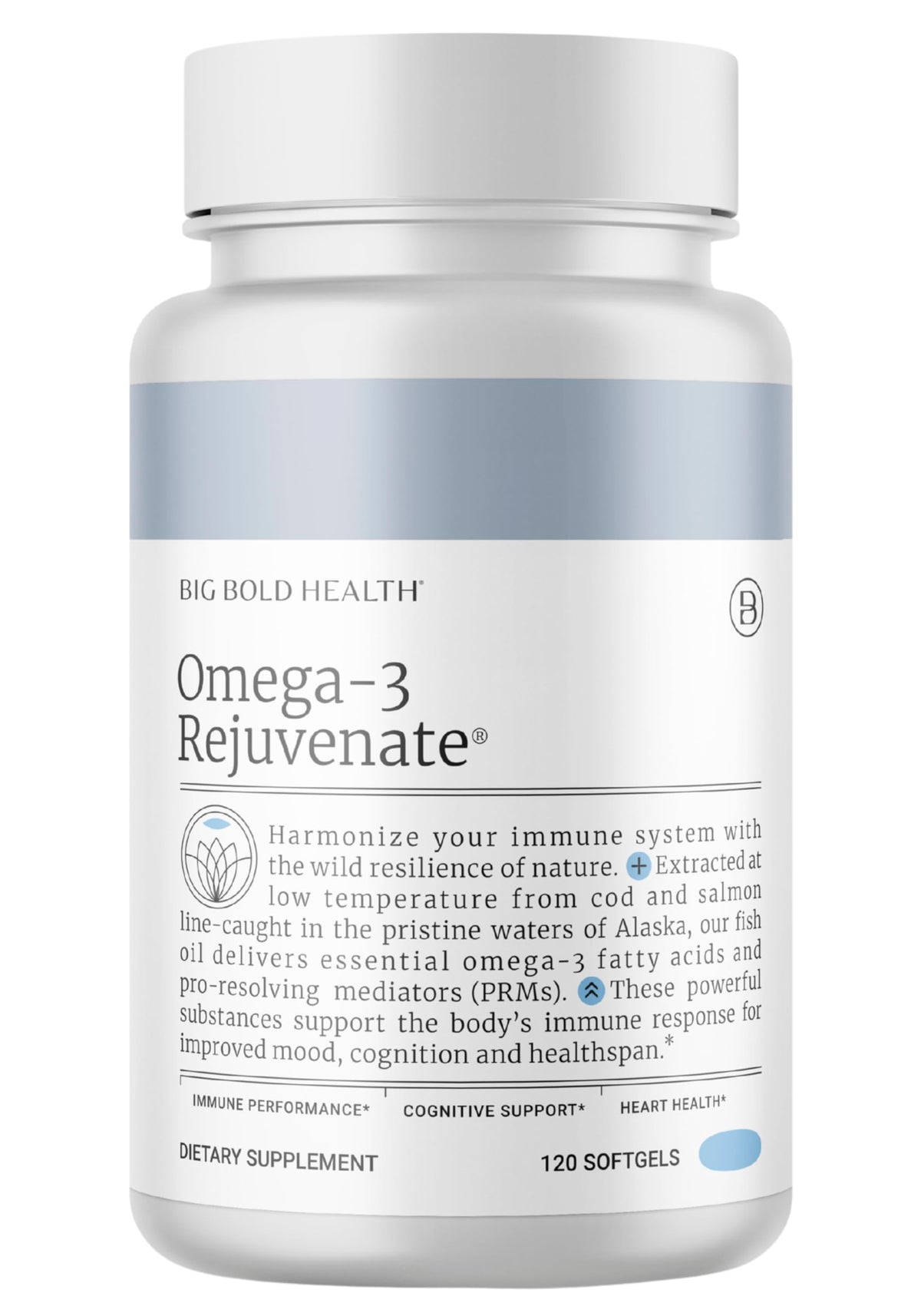 BBH Omega-3 Rejuvenate hero image featuring bottle and softgels
