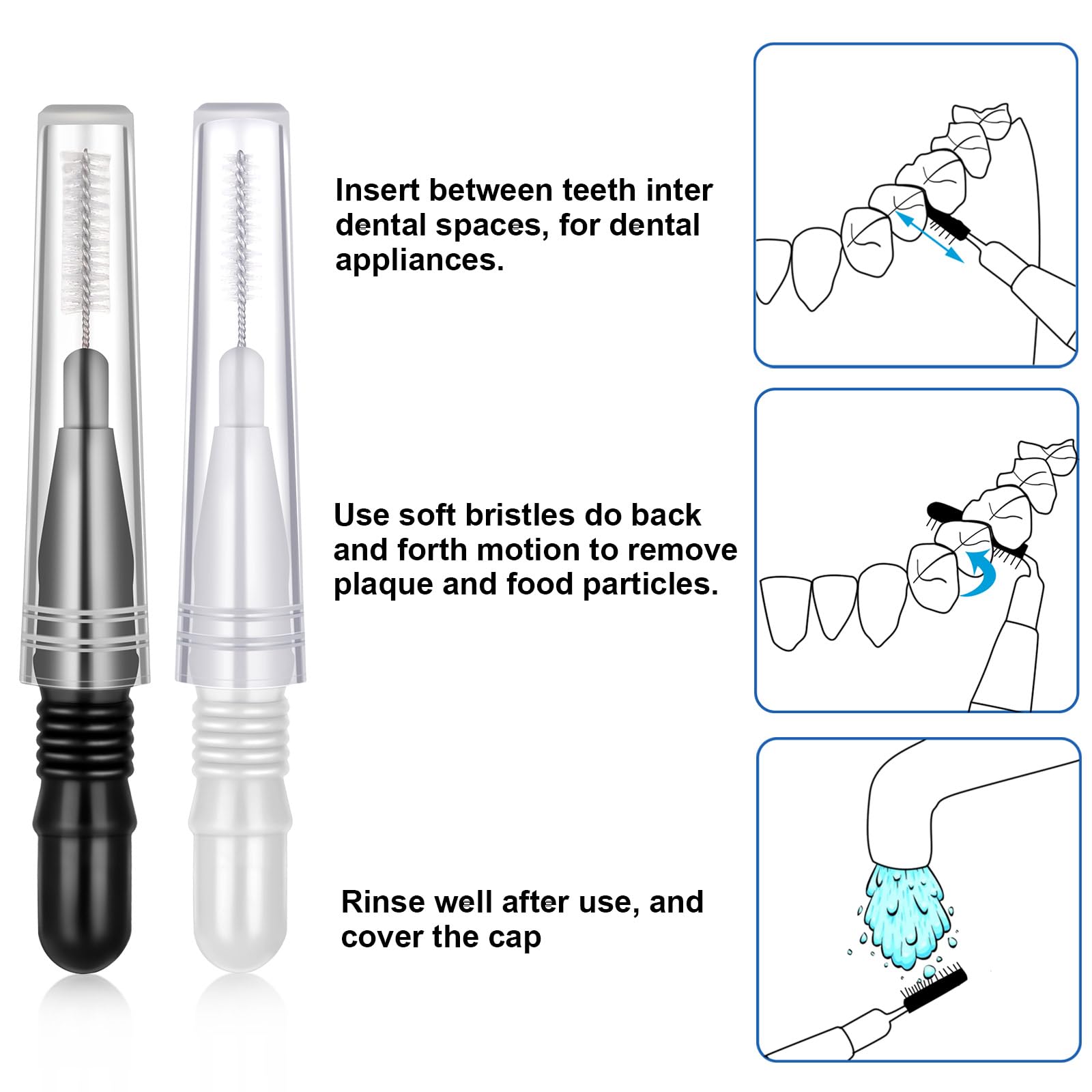 Interdental brushes showing head diameters 2.1mm and 3mm