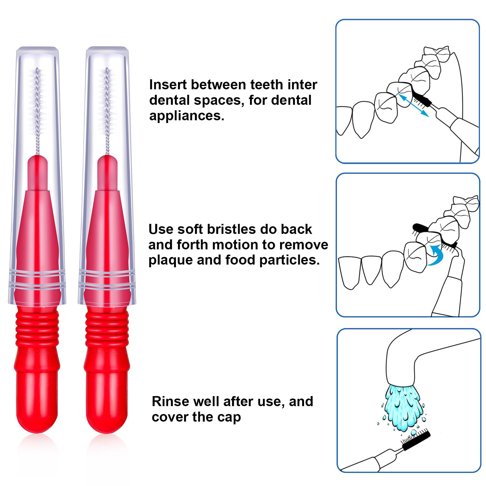 Red interdental brushes laid out for display