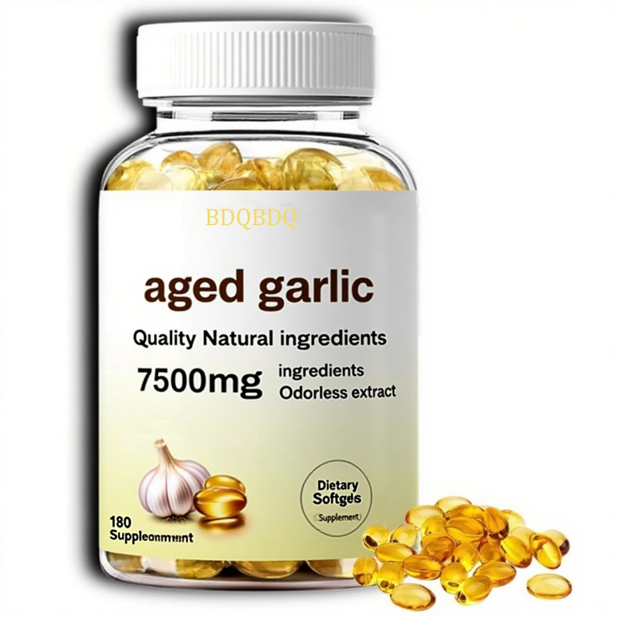 Front view of BDQBDQ Aged Garlic Extract 7500mg odorless 180-softgels bottle