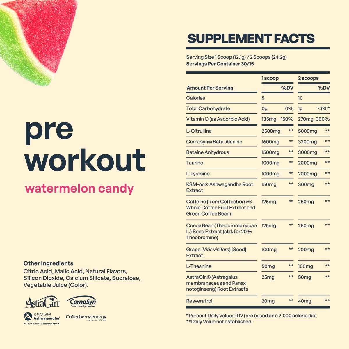 Be Amazing pre-workout scoop showing 125 mg caffeine for energy support