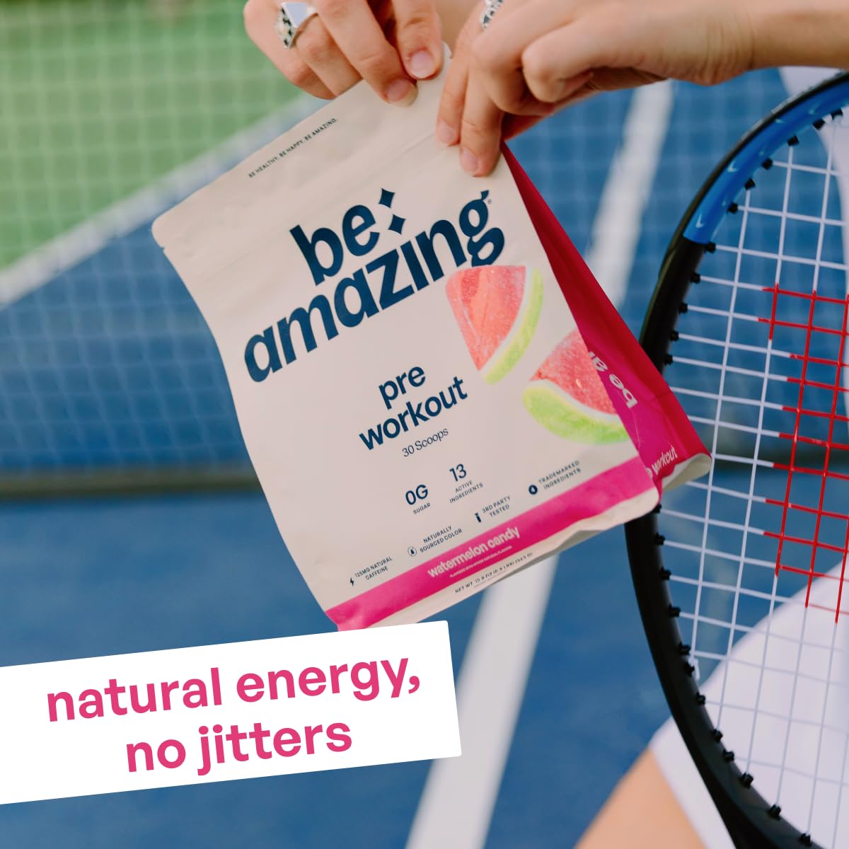 Be Amazing pre-workout Watermelon Candy label close-up highlighting flavor