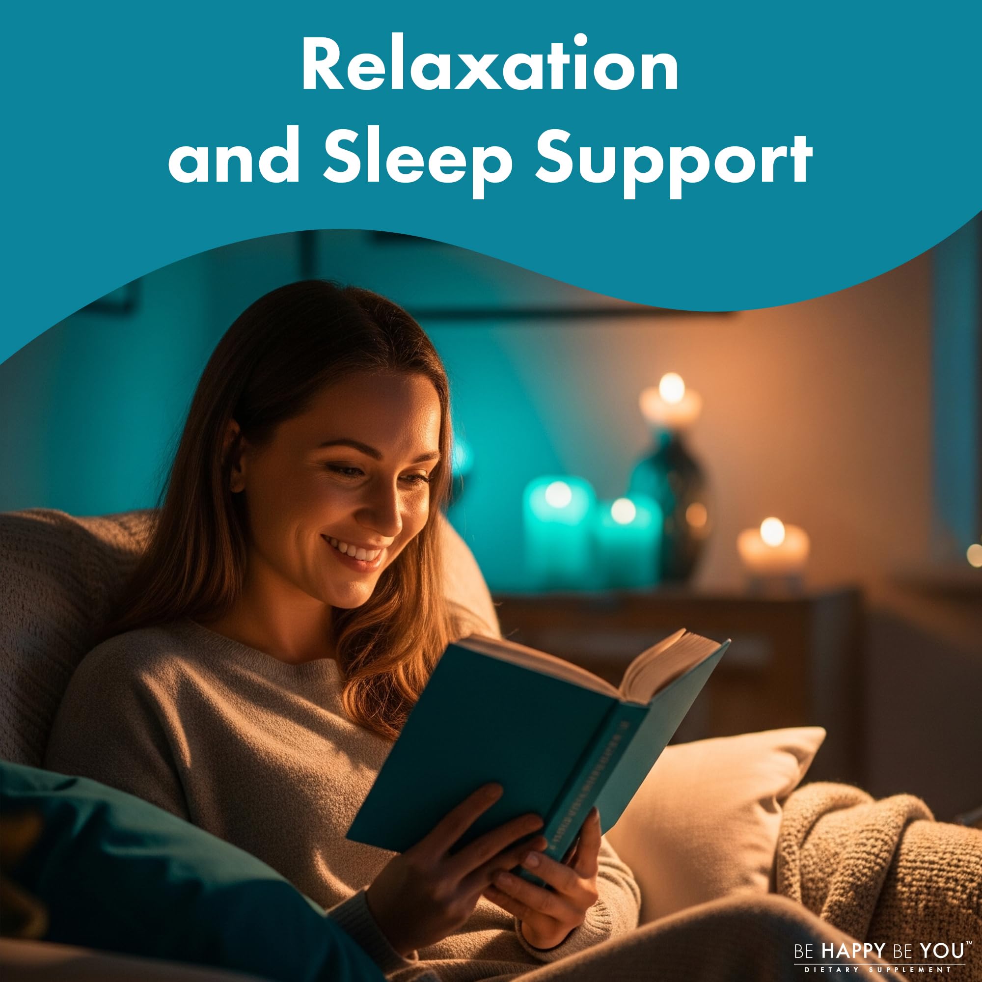 Lifestyle image showing Be Happy Be You gummies for relaxation and sleep