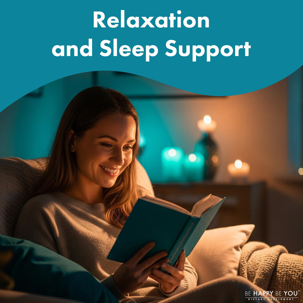 Lifestyle image showing Be Happy Be You gummies for relaxation and sleep