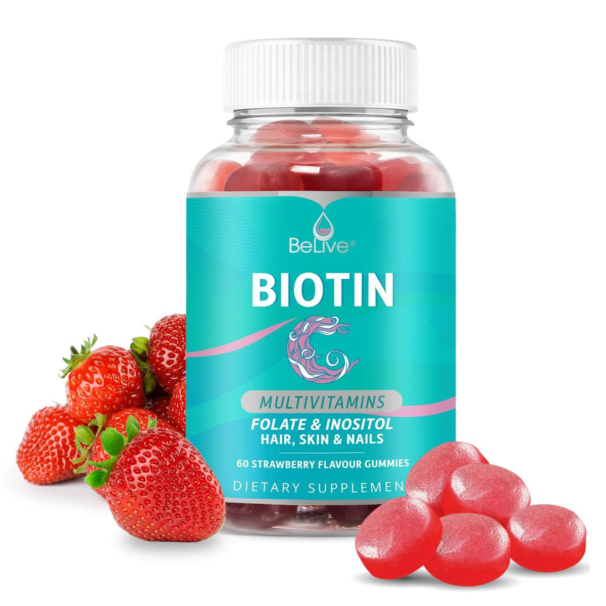 BeLive Biotin Gummies bottle featuring Strawberry flavor