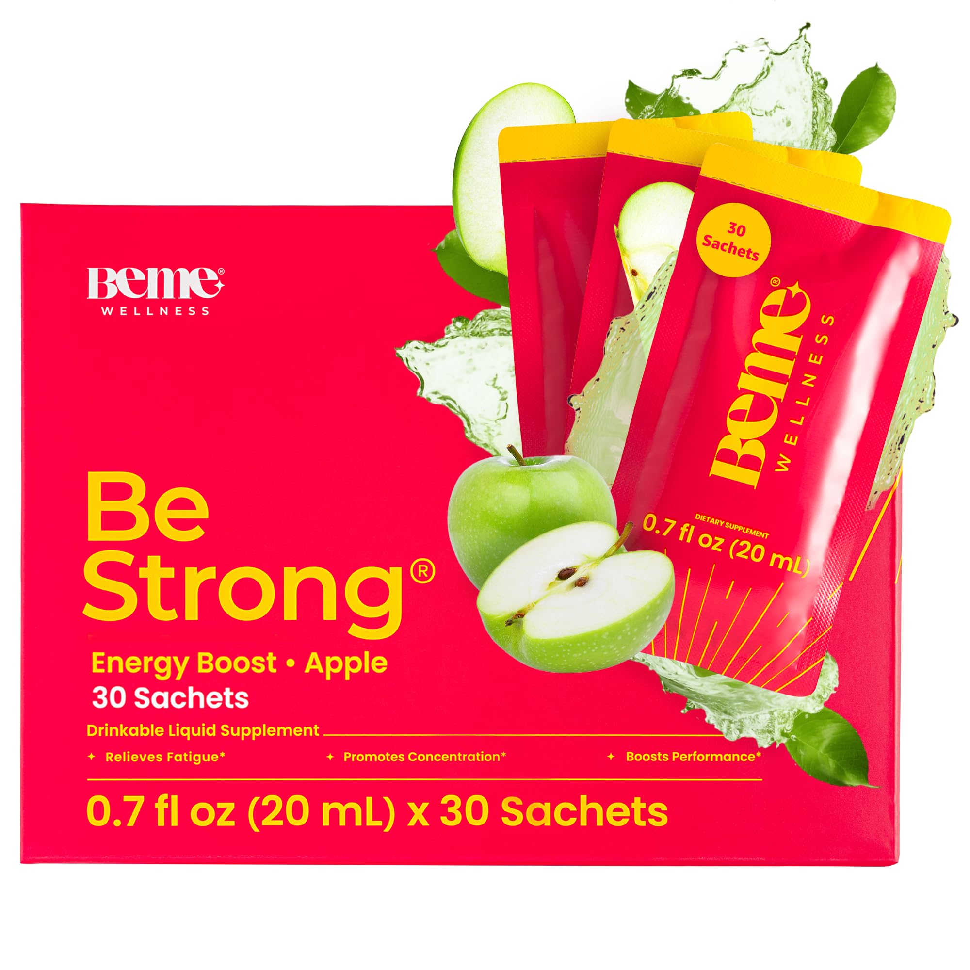 Front view of BeMe Be Strong Vitamin B12 Liquid Shot Apple flavor sachet