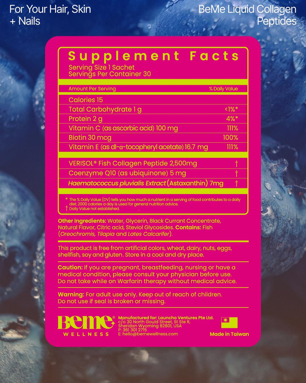 Illustration of BeMe Liquid Collagen benefiting nails, skin, and hair