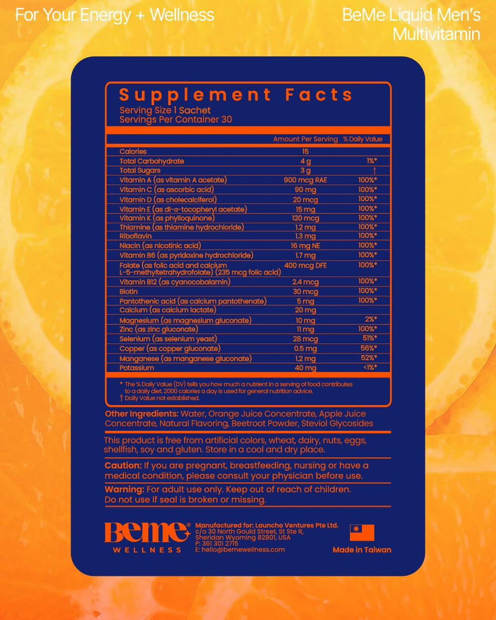 Ingredients list for BeMe Liquid Multivitamins for Men