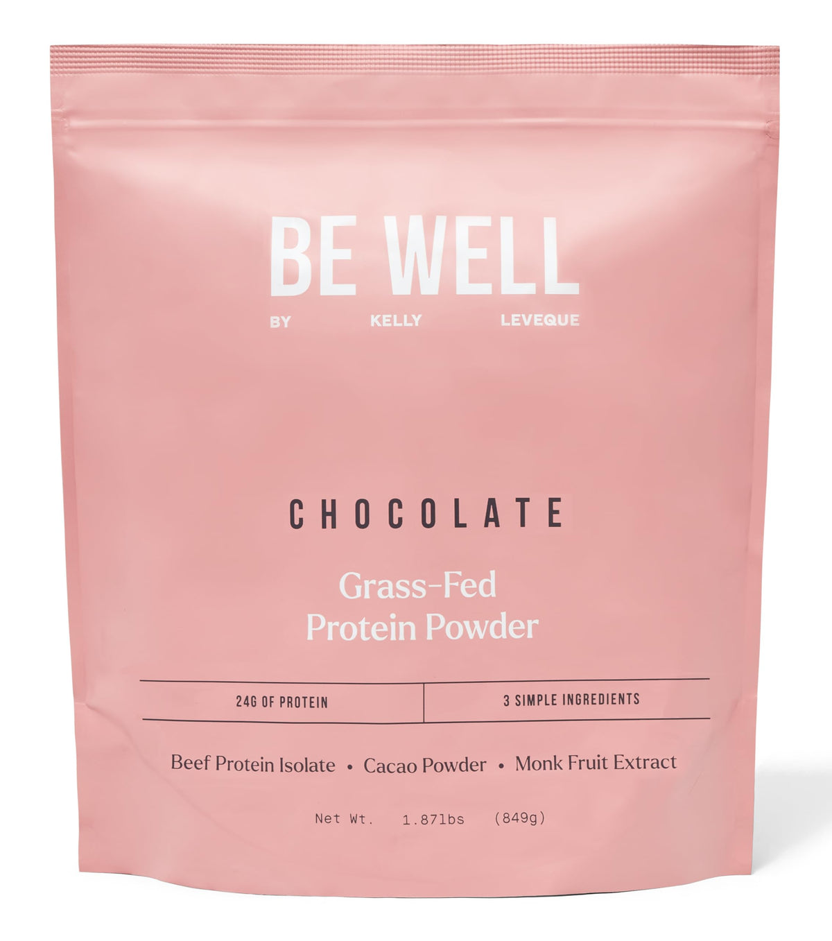 Be Well by Kelly Chocolate Grass-Fed Beef Protein Powder canister on shelf