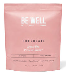 Be Well by Kelly Chocolate Grass-Fed Beef Protein Powder canister on shelf