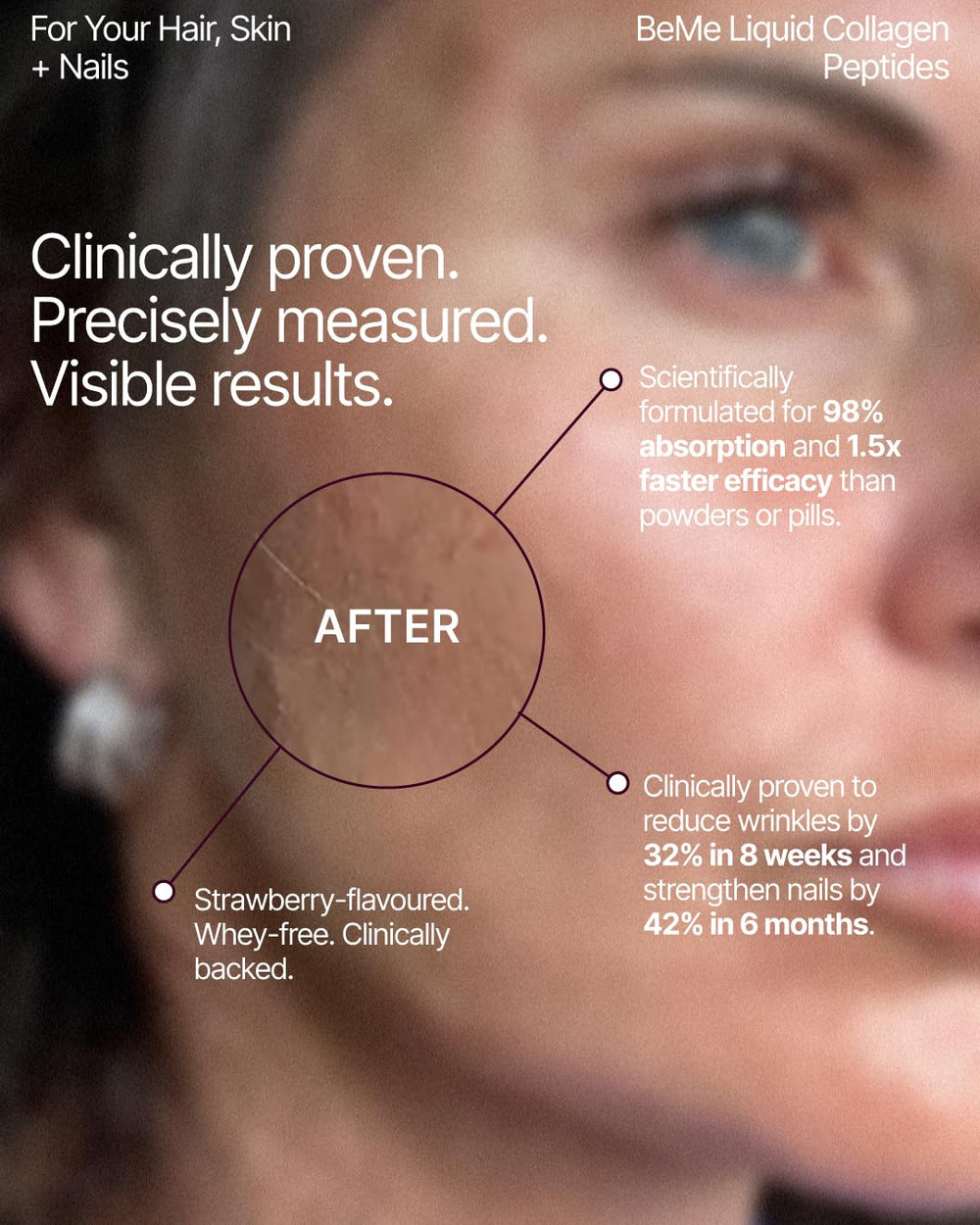 BeMe Liquid Collagen bottle beside strawberry sachets