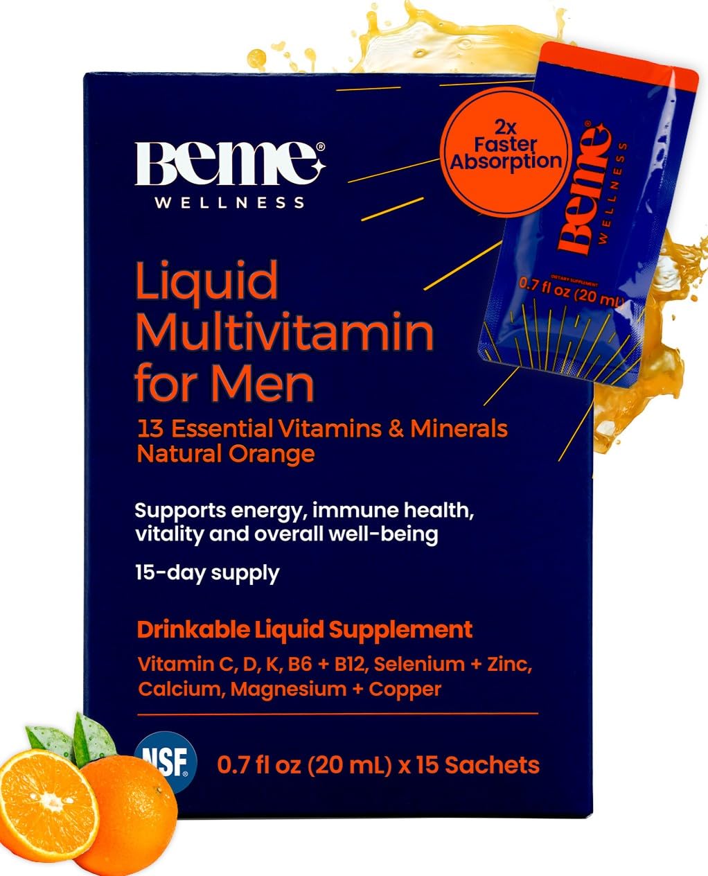 BeMe Liquid Multivitamins for Men box with orange flavor
