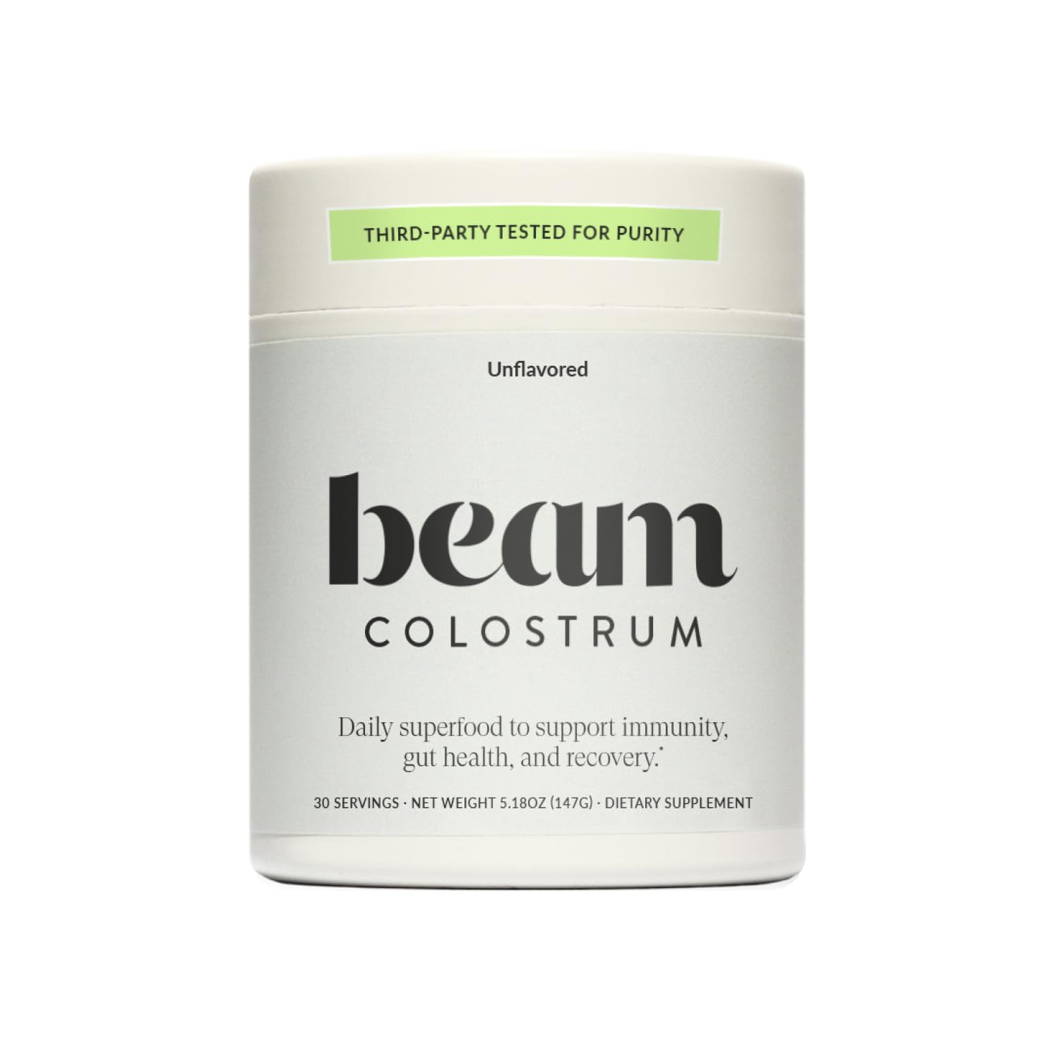 Beam Colostrum Powder bottle label with 3g serving claim and grass-fed source