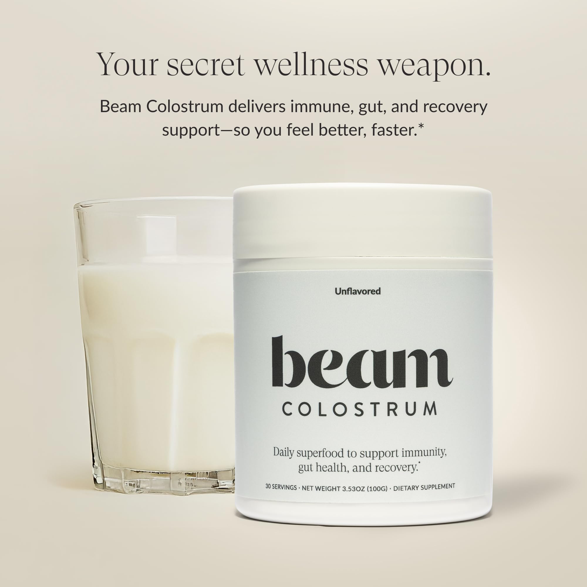 Close-up of 3g per serving on Beam Colostrum packaging