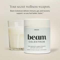 Close-up of 3g per serving on Beam Colostrum packaging