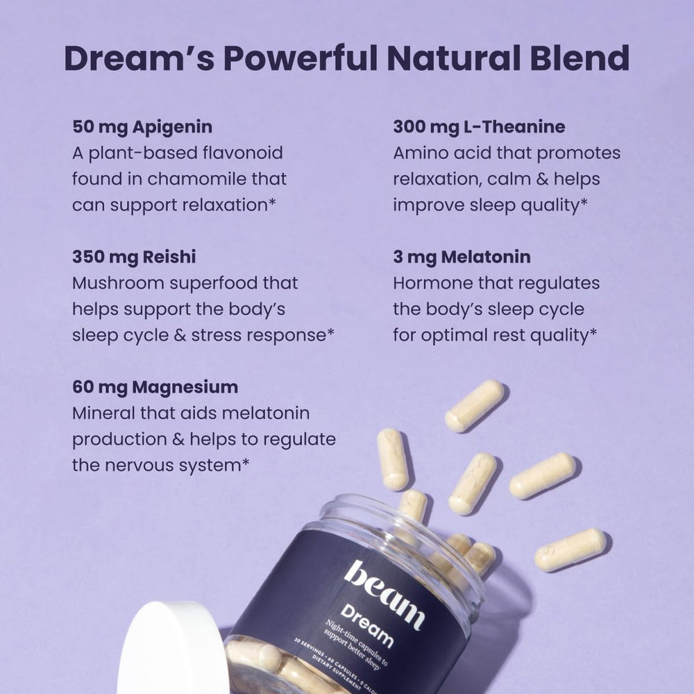Box and bottle packaging of Beam Dream Sleep Capsules