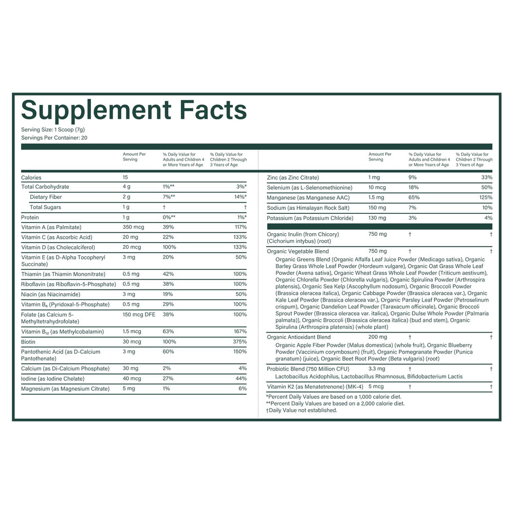 Close-up of organic greens included in the formula