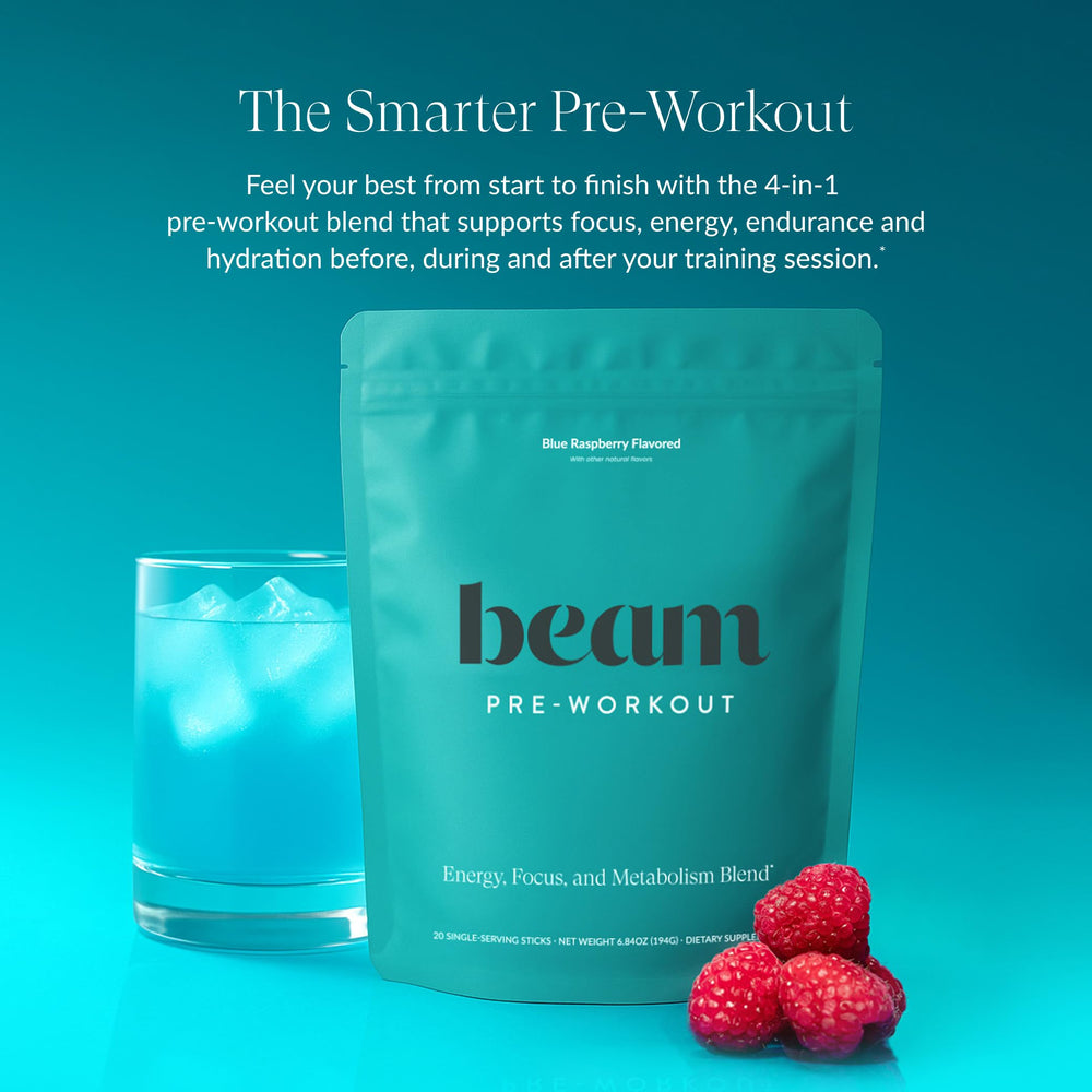 Beam Pre Workout electrolyte glass illustrates hydration support during long training sessions.
