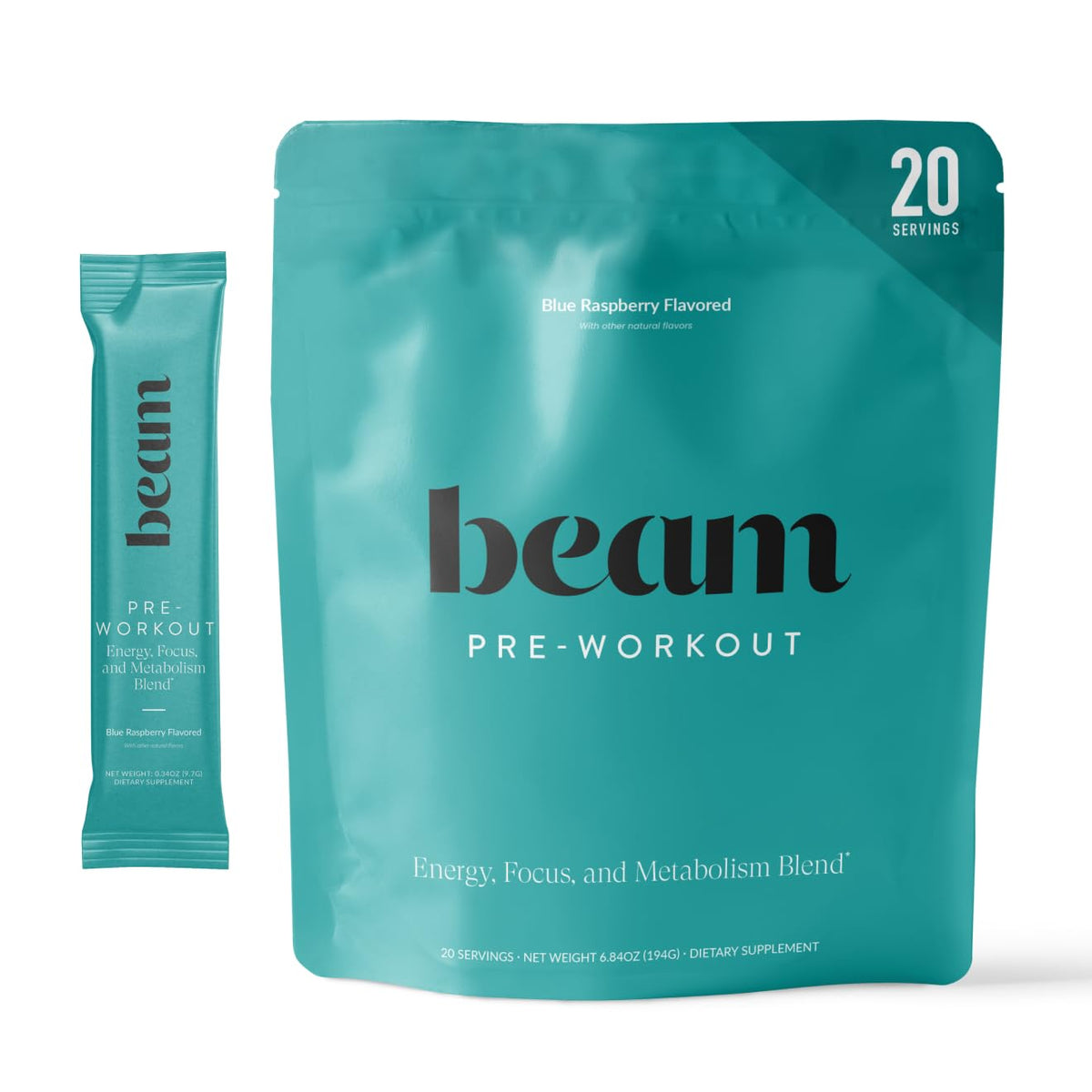 Beam Pre Workout energy scoop in a jar for clean, jitter-free energy before training.