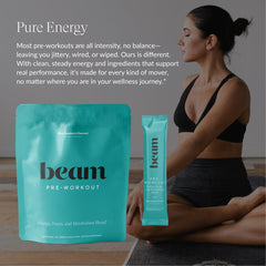 Beam Pre Workout label closeup shows PurCaf and Cognizin for focused, calm energy.