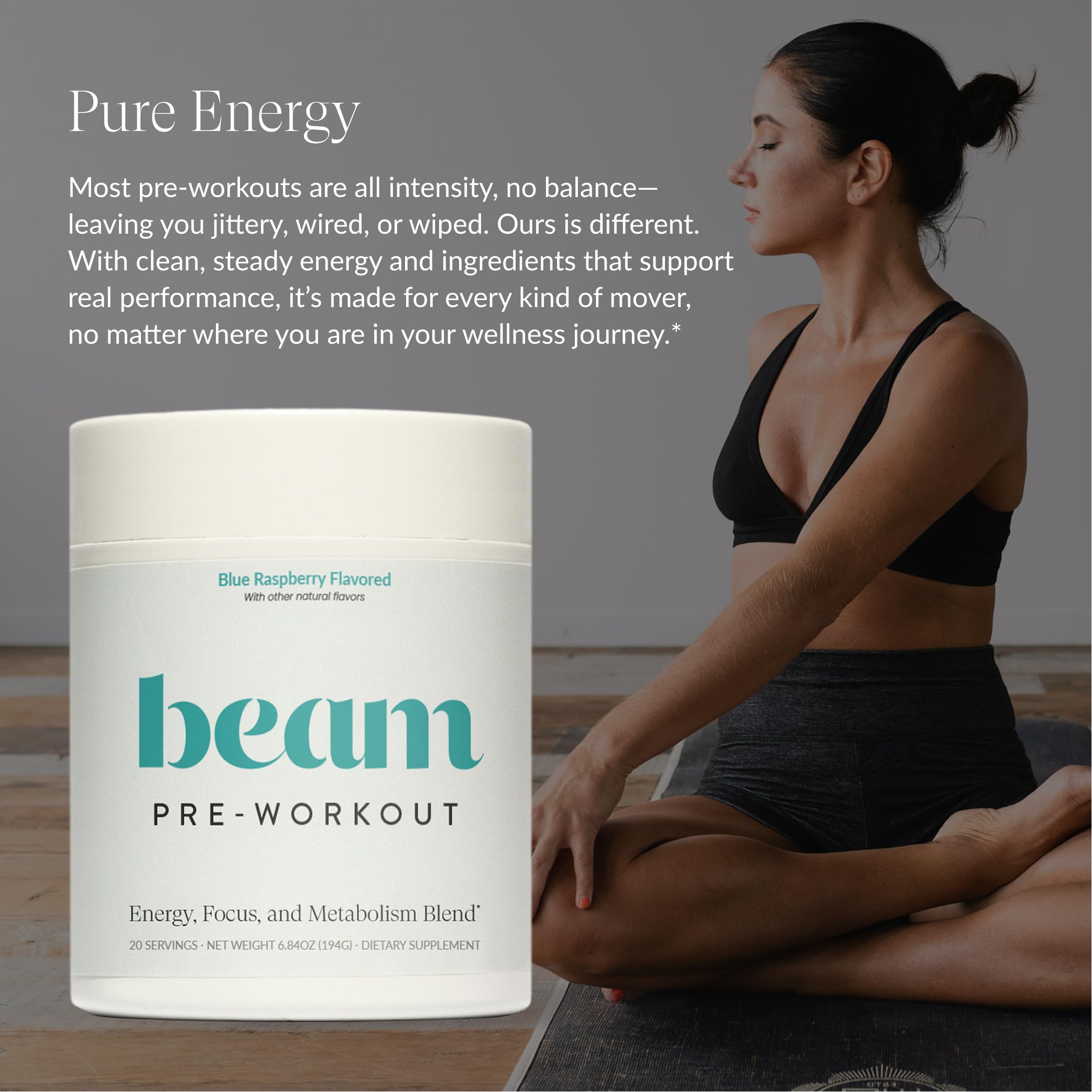 Beam Pre Workout label highlights no artificial dyes or sweeteners.