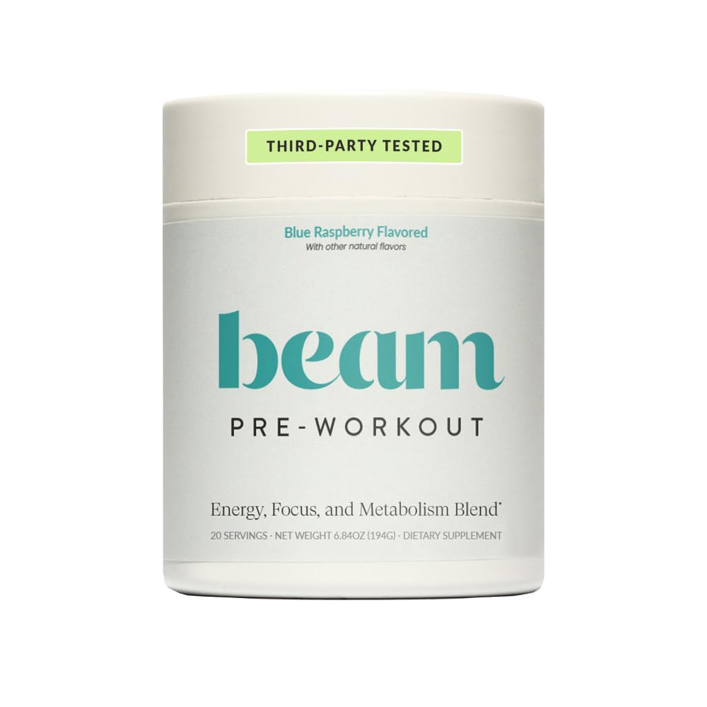 Beam Pre Workout powder being poured for jitter-free energy during training.