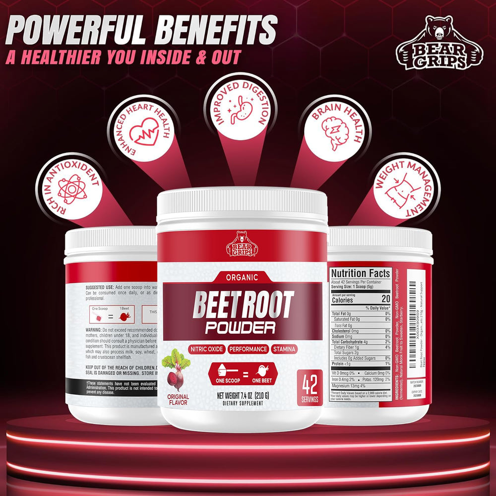 Bear Grips beetroot powder mix in water shows quick absorption for quick energy.