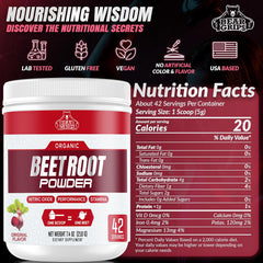 Bear Grips organic beetroot powder bottle highlights non-GMO, gluten-free formula for heart health potential.