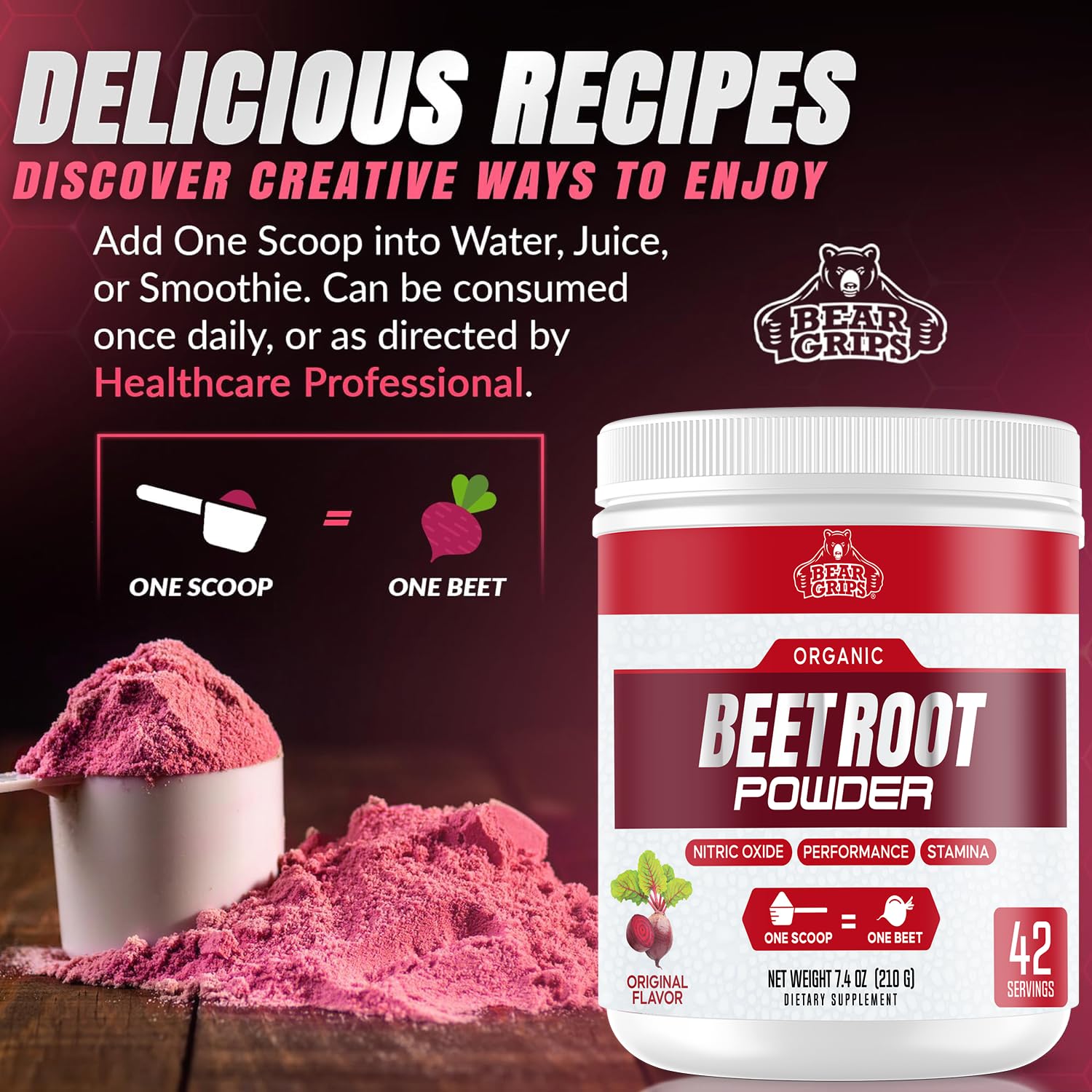 Bear Grips raw beetroot powder closeup captures vibrant color and nitrate-rich profile.